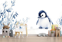 Load image into Gallery viewer, Cute Penguin Wall Mural for Baby Room | Winter Nursery Wallpaper | Holiday Baby Gift | Peel and Stick or Non-Woven Arctic Decor