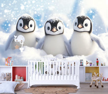 Load image into Gallery viewer, Cute Baby Penguins Wall Mural | Winter Nursery Wallpaper | Holiday Baby Gift Idea | Peel and Stick or Non-Woven Arctic Snow Design