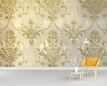 Load image into Gallery viewer, Victorian Damask Gold Wallpaper Mural – Baroque Wall Art – Elegant Living Room Accent – Vintage Style Decor – Luxe Home Gift Idea