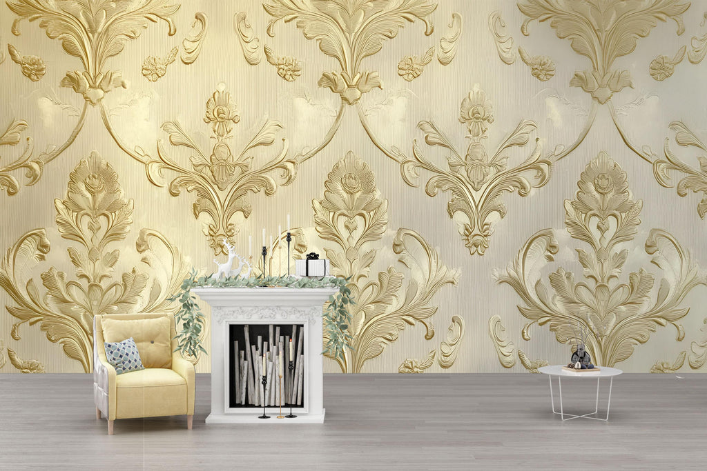 Victorian Damask Gold Wallpaper Mural – Baroque Wall Art – Elegant Living Room Accent – Vintage Style Decor – Luxe Home Gift Idea