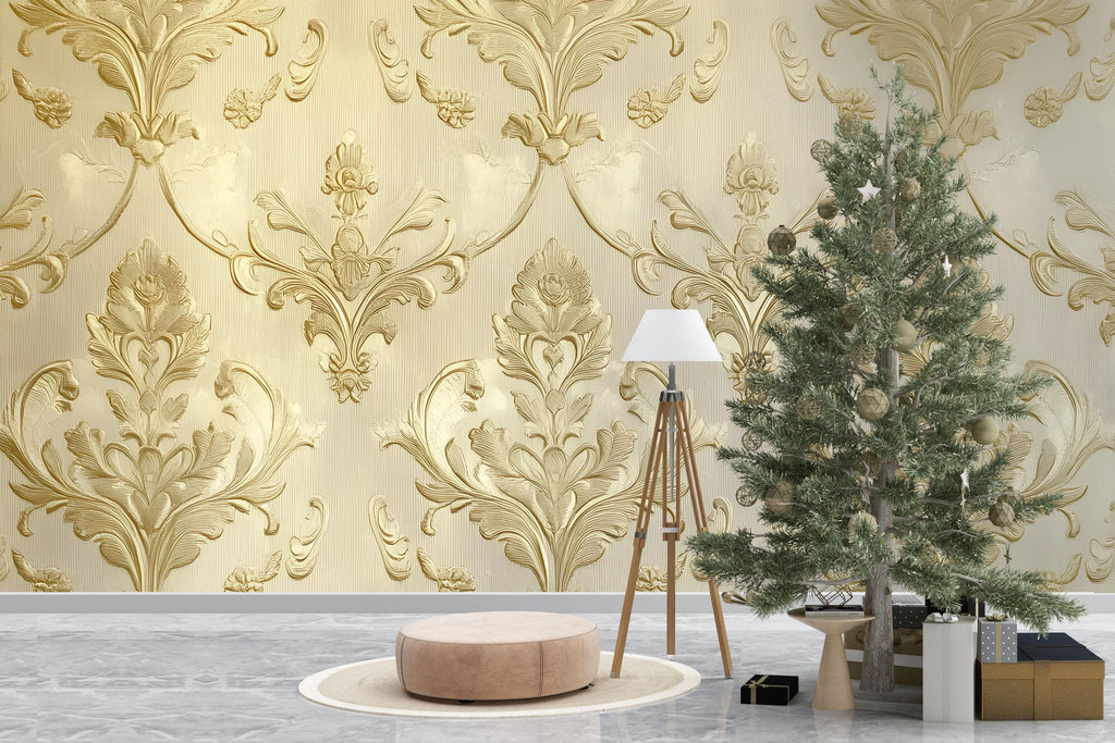 Victorian Damask Gold Wallpaper Mural – Baroque Wall Art – Elegant Living Room Accent – Vintage Style Decor – Luxe Home Gift Idea