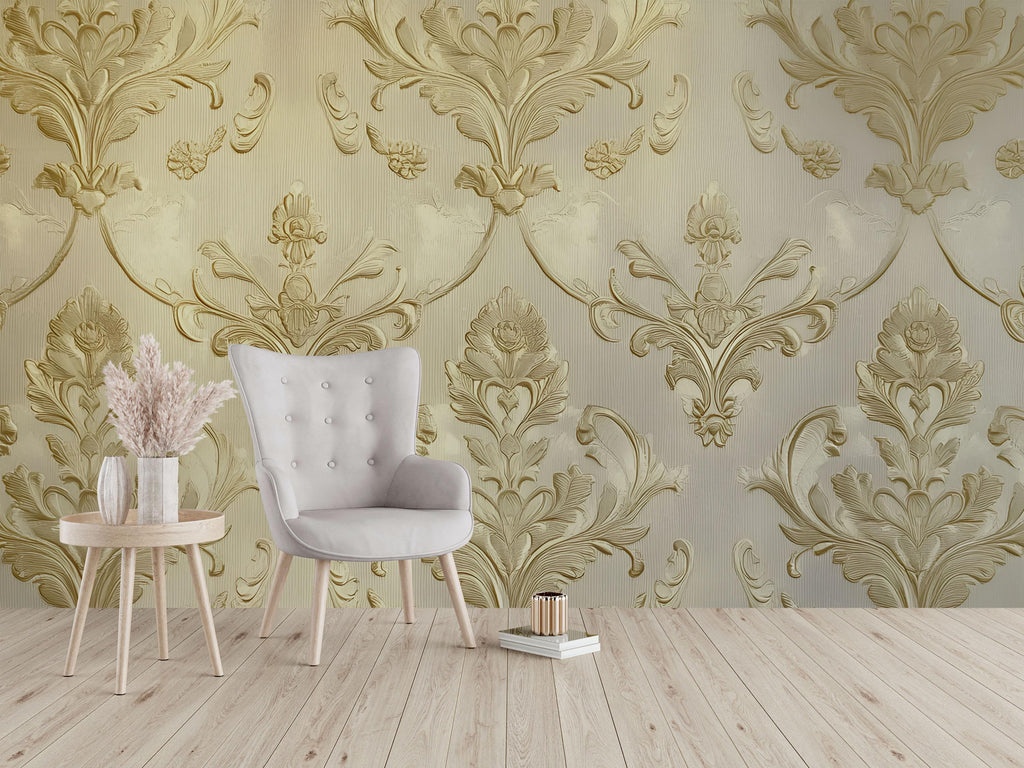 Victorian Damask Gold Wallpaper Mural – Baroque Wall Art – Elegant Living Room Accent – Vintage Style Decor – Luxe Home Gift Idea