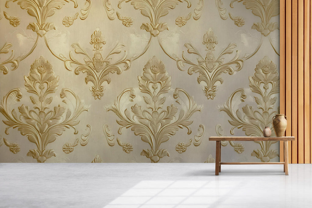 Victorian Damask Gold Wallpaper Mural – Baroque Wall Art – Elegant Living Room Accent – Vintage Style Decor – Luxe Home Gift Idea