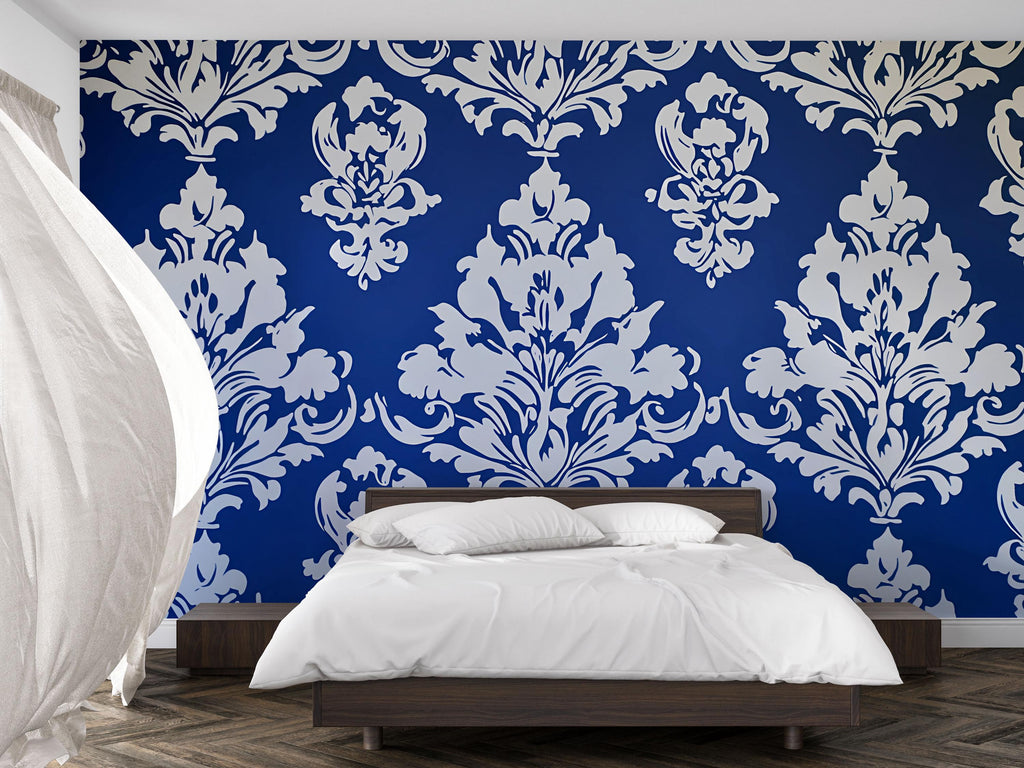 Victorian Damask Blue Wallpaper Mural – Bold White Pattern Wall Art – Elegant Bedroom Accent – Classic Baroque Decor – Luxury Gift for Home