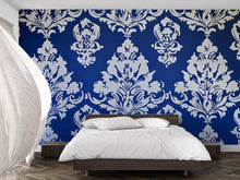 Load image into Gallery viewer, Victorian Damask Blue Wallpaper Mural – Bold White Pattern Wall Art – Elegant Bedroom Accent – Classic Baroque Decor – Luxury Gift for Home