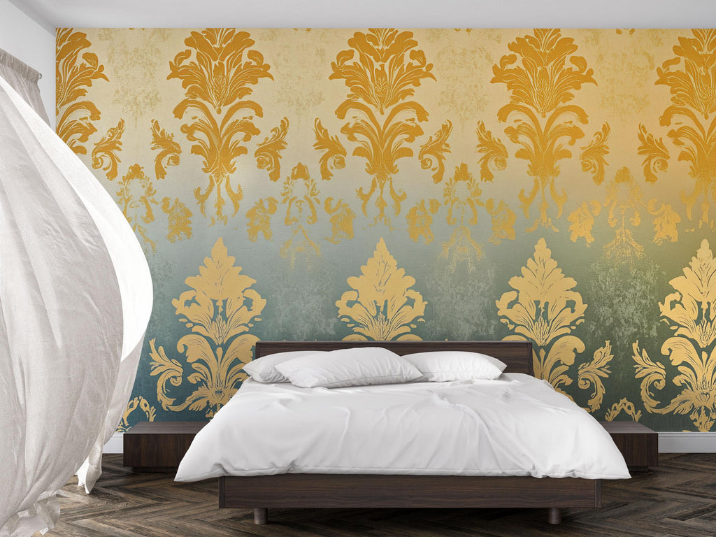 Victorian Damask Ombre Wallpaper Mural – Gold & Sage Wall Art – Elegant Bedroom Accent – Luxury Vintage Decor – Baroque Style Gift for Home