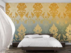 Victorian Damask Ombre Wallpaper Mural – Gold & Sage Wall Art – Elegant Bedroom Accent – Luxury Vintage Decor – Baroque Style Gift for Home
