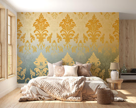 Victorian Damask Ombre Wallpaper Mural – Gold & Sage Wall Art – Elegant Bedroom Accent – Luxury Vintage Decor – Baroque Style Gift for Home