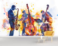 Load image into Gallery viewer, Jazz Trio Wall Mural – Watercolor Saxophone &amp; Double Bass Band Art – Music Lover Gift – Jazz Room Decor – Jazz Music Wallpaper