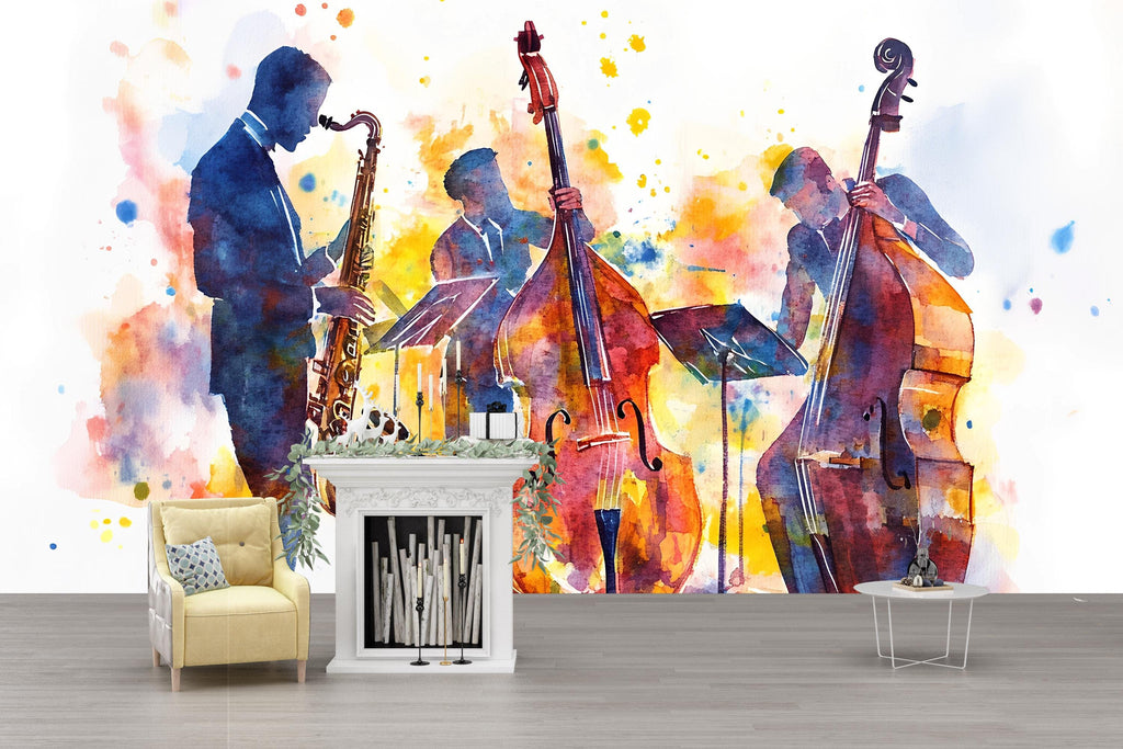 Jazz Trio Wall Mural – Watercolor Saxophone & Double Bass Band Art – Music Lover Gift – Jazz Room Decor – Jazz Music Wallpaper