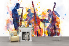 Load image into Gallery viewer, Jazz Trio Wall Mural – Watercolor Saxophone &amp; Double Bass Band Art – Music Lover Gift – Jazz Room Decor – Jazz Music Wallpaper