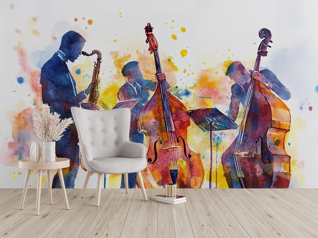 Jazz Trio Wall Mural – Watercolor Saxophone & Double Bass Band Art – Music Lover Gift – Jazz Room Decor – Jazz Music Wallpaper