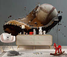 Load image into Gallery viewer, Baseball Wall Mural – 3D Baseball &amp; Glove Sports Wallpaper – Gift for Sports Lover – Boys Room Decor – Baseball Themed Wall Art