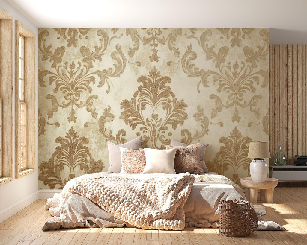 Victorian Beige Damask Wallpaper Mural – Elegant Neutral Wall Art – Baroque Style Bedroom Accent – Classic Vintage Decor – Stylish Home Gift