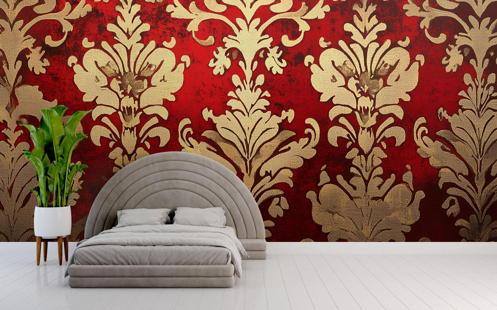 Red and Gold Victorian Damask Wallpaper Mural – Bold Baroque Wall Art – Luxury Bedroom Accent – Elegant Vintage Decor – Stylish Gift