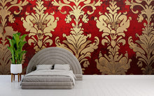 Load image into Gallery viewer, Red and Gold Victorian Damask Wallpaper Mural – Bold Baroque Wall Art – Luxury Bedroom Accent – Elegant Vintage Decor – Stylish Gift