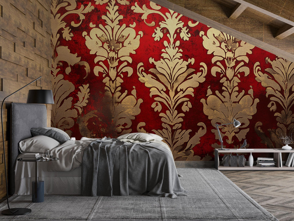 Red and Gold Victorian Damask Wallpaper Mural – Bold Baroque Wall Art – Luxury Bedroom Accent – Elegant Vintage Decor – Stylish Gift