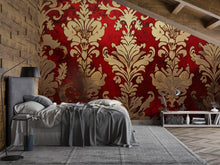 Load image into Gallery viewer, Red and Gold Victorian Damask Wallpaper Mural – Bold Baroque Wall Art – Luxury Bedroom Accent – Elegant Vintage Decor – Stylish Gift