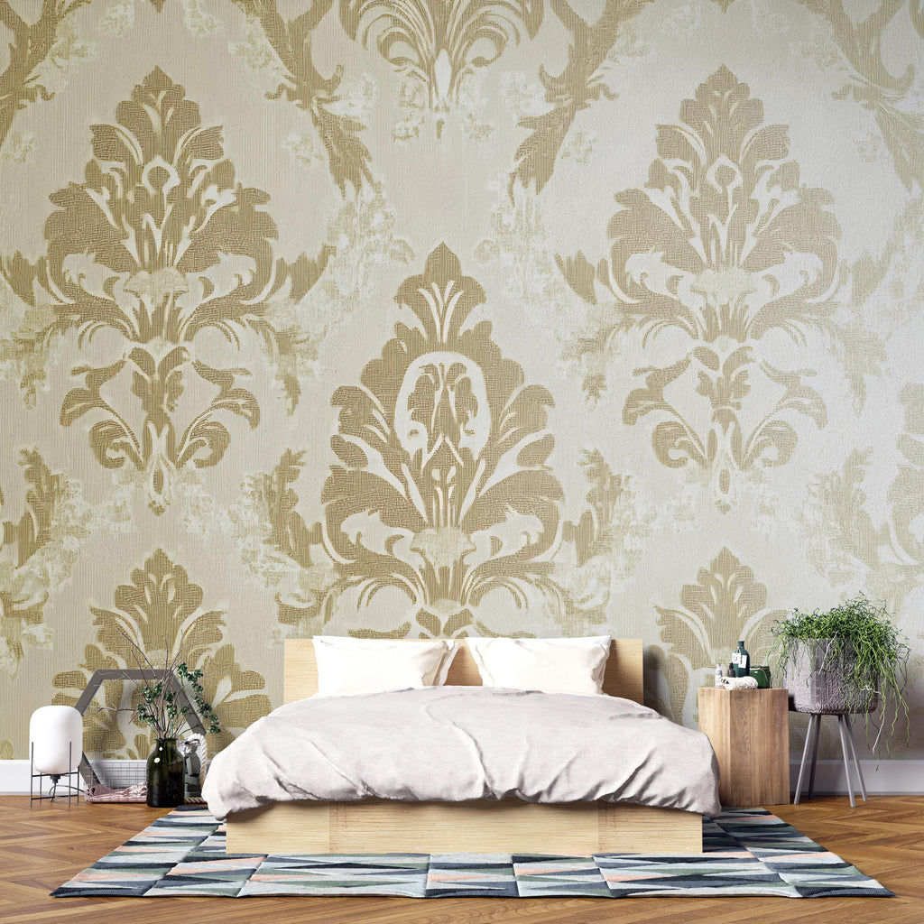 Victorian Neutral Damask Wallpaper Mural – Beige Gold Baroque Wall Art – Elegant Bedroom Accent – Classic Vintage Decor – Stylish Gift
