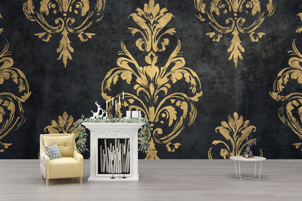 Black and Gold Victorian Damask Wallpaper – Elegant Baroque Mural – Dark Luxury Wall Decor – Vintage Accent – Classy Gift for Holidays