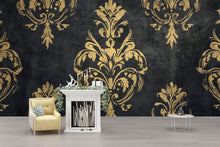 Load image into Gallery viewer, Black and Gold Victorian Damask Wallpaper – Elegant Baroque Mural – Dark Luxury Wall Decor – Vintage Accent – Classy Gift for Holidays