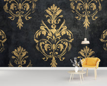 Load image into Gallery viewer, Black and Gold Victorian Damask Wallpaper – Elegant Baroque Mural – Dark Luxury Wall Decor – Vintage Accent – Classy Gift for Holidays