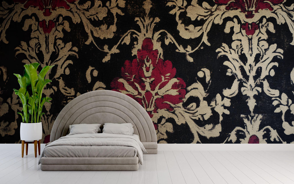 Black Burgundy Victorian Damask Wallpaper – Vintage Floral Wall Mural – Elegant Baroque Pattern – Dark Romantic Decor – Holiday Gift