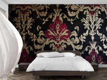 Load image into Gallery viewer, Black Burgundy Victorian Damask Wallpaper – Vintage Floral Wall Mural – Elegant Baroque Pattern – Dark Romantic Decor – Holiday Gift