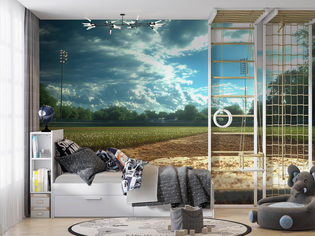 Baseball Field Wall Mural – Realistic Stadium Home Plate Wallpaper – Gift for Baseball Lover – Sports Room Decor for Boys & Teens