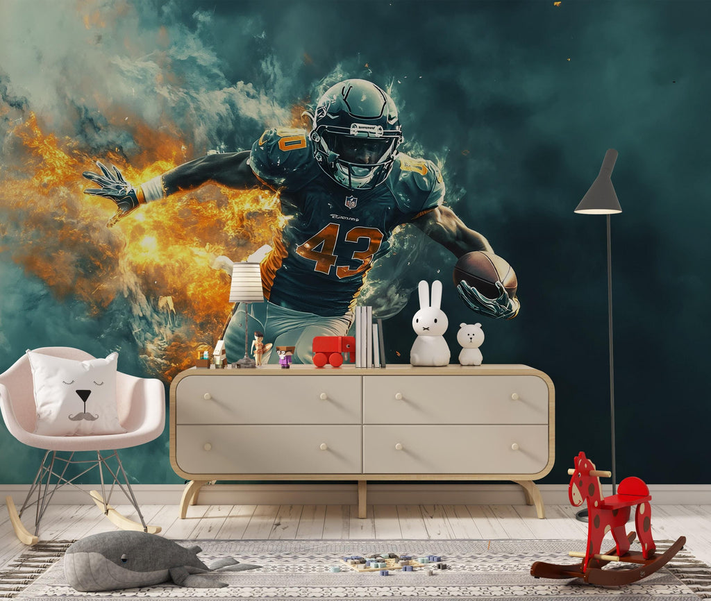 American Football Wall Mural – Teen Boy Room Decor – Sports Gift for Football Fan – Peel and Stick or Non-Woven Custom Wallpaper