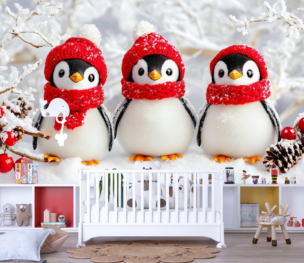 Winter Penguin Wall Mural – Baby Shower Gift – Christmas Nursery Wallpaper – Cute Holiday Baby Room Décor – Custom Peel & Stick Mural