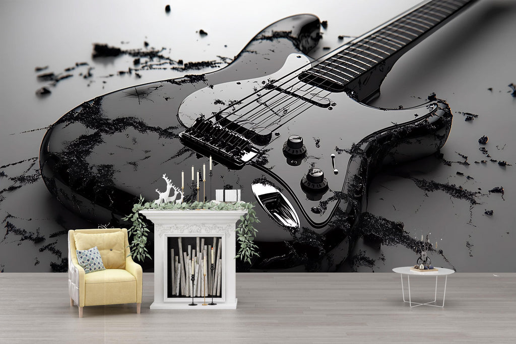 Black Electric Guitar Wall Mural – Rock Music Room Decor – Gift for Guitar Lovers – Music Studio Wallpaper – Cool Teen Room Mural
