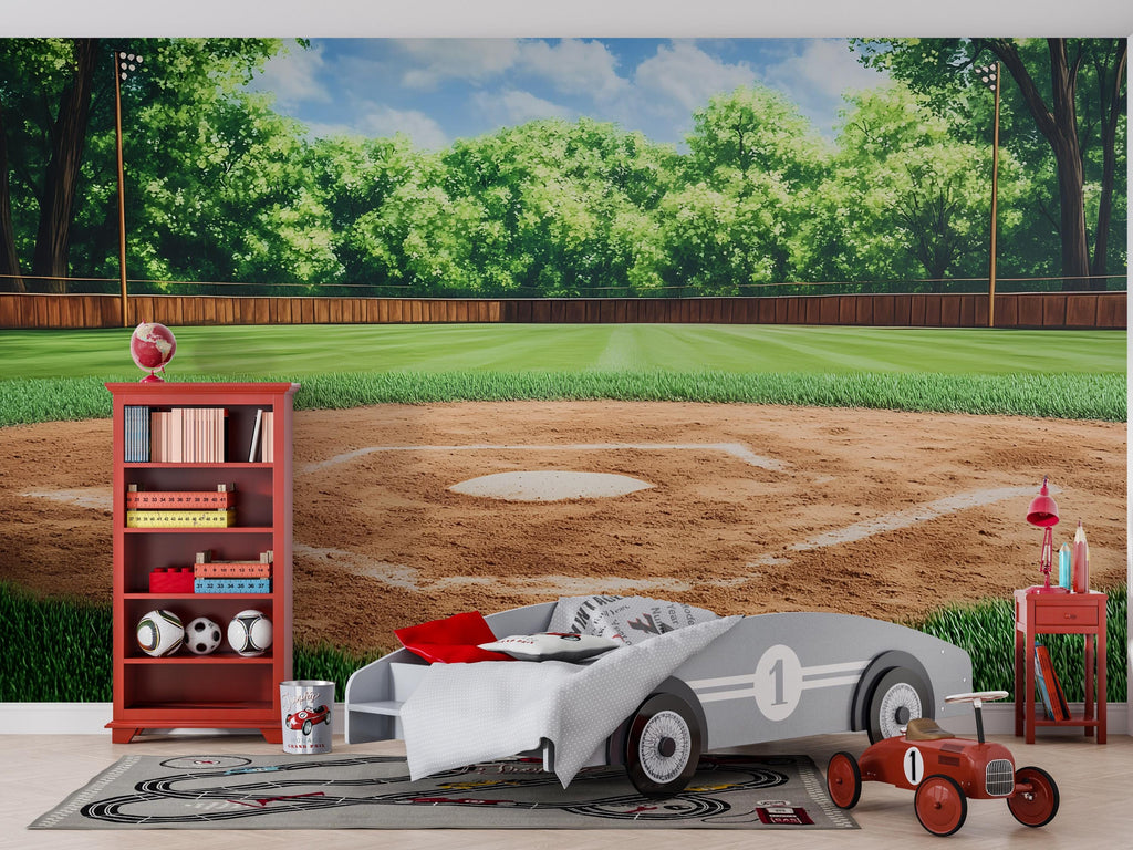 Baseball Field Wall Mural – Sports Room Decor for Boys – Gift for Baseball Fans – Little League Bedroom Wallpaper – Kids Sports Wall Art