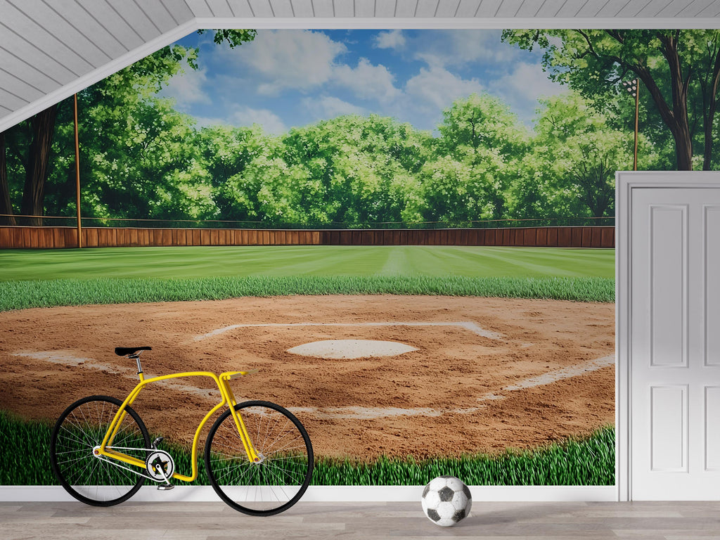 Baseball Field Wall Mural – Sports Room Decor for Boys – Gift for Baseball Fans – Little League Bedroom Wallpaper – Kids Sports Wall Art