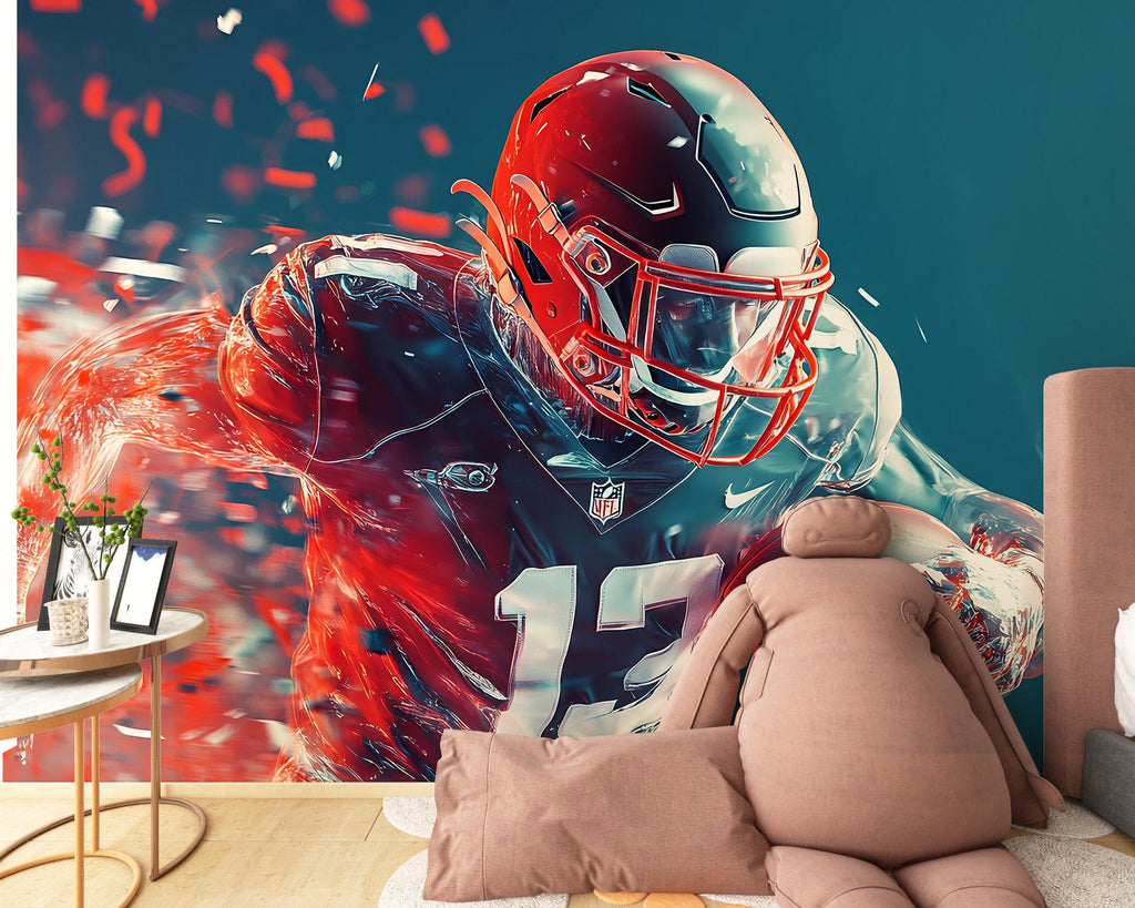 American Football Wall Mural – Boy’s Sports Room Decor – Gift for Football Fans – Quarterback Action Wallpaper – Game Day Room Art