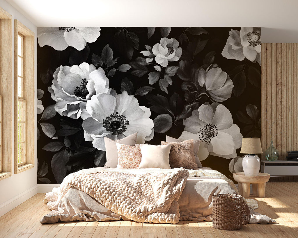 Black White Floral Wallpaper Mural – Boho Oversized Flower Wall Art – Monochrome Botanical Wall Decor – Romantic Modern Bedroom