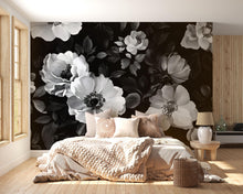 Load image into Gallery viewer, Black White Floral Wallpaper Mural – Boho Oversized Flower Wall Art – Monochrome Botanical Wall Decor – Romantic Modern Bedroom