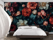 Load image into Gallery viewer, Dark Floral Wallpaper Mural – Boho Botanical Wall Art – Oversized Moody Flower Wall Decor for Bedroom – Romantic Gothic Gift