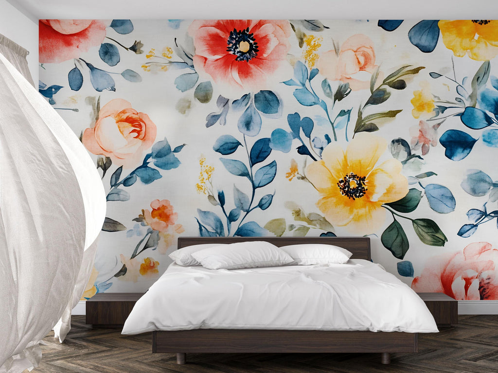 Boho Watercolor Floral Wallpaper Mural – Bright Poppies & Botanicals for Bedroom or Nursery – Removable Wall Art – Custom Sizes
