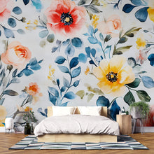 Load image into Gallery viewer, Boho Watercolor Floral Wallpaper Mural – Bright Poppies &amp; Botanicals for Bedroom or Nursery – Removable Wall Art – Custom Sizes