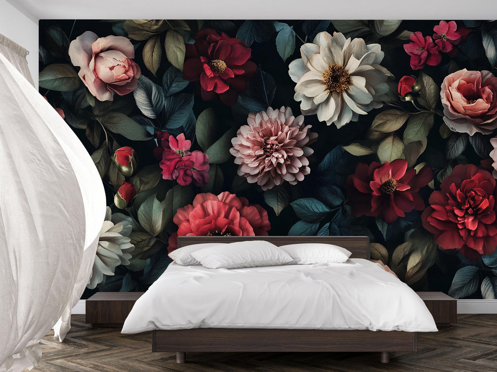 Boho Dark Floral Wallpaper Mural – Moody Peony and Dahlia Vintage Flowers – Custom Wall Art for Bedroom or Studio – Peel & Stick