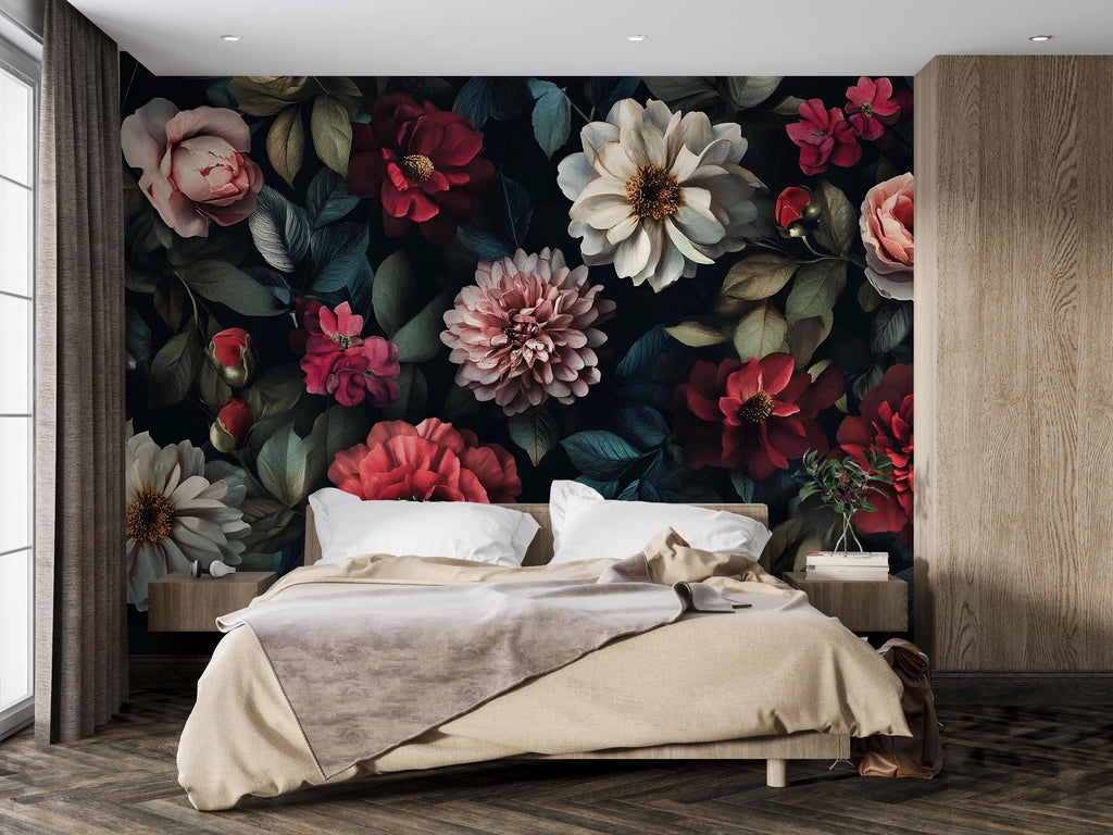 Boho Dark Floral Wallpaper Mural – Moody Peony and Dahlia Vintage Flowers – Custom Wall Art for Bedroom or Studio – Peel & Stick