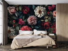 Load image into Gallery viewer, Boho Dark Floral Wallpaper Mural – Moody Peony and Dahlia Vintage Flowers – Custom Wall Art for Bedroom or Studio – Peel &amp; Stick