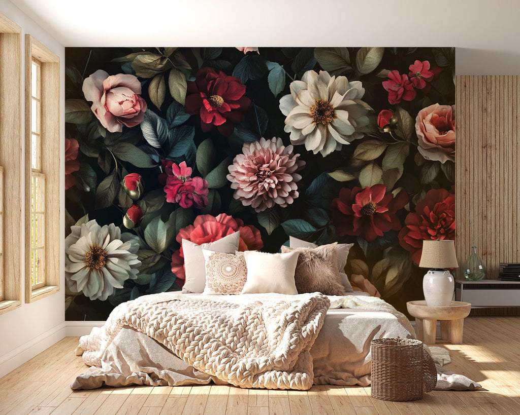 Boho Dark Floral Wallpaper Mural – Moody Peony and Dahlia Vintage Flowers – Custom Wall Art for Bedroom or Studio – Peel & Stick