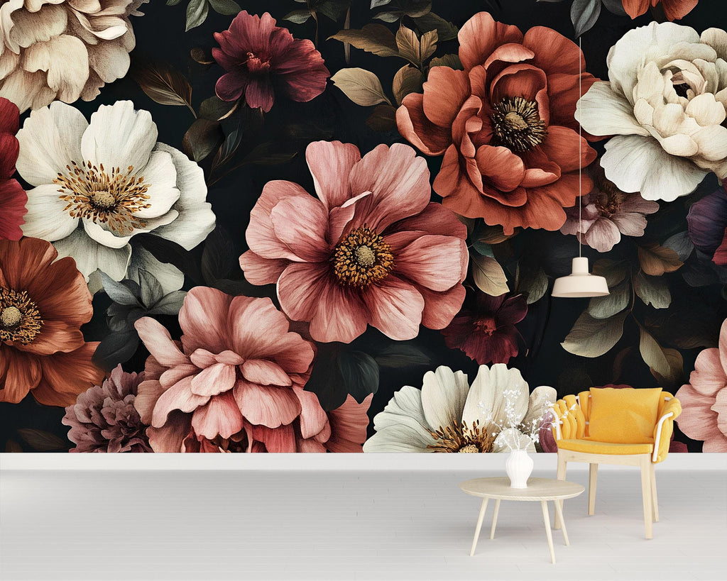 Boho Moody Floral Wallpaper Mural – Vintage Rose & Peony Wall Art in Earthy Tones – Custom Peel and Stick or Paste – Elegant Dark Botanical