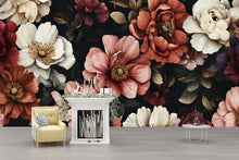 Load image into Gallery viewer, Boho Moody Floral Wallpaper Mural – Vintage Rose &amp; Peony Wall Art in Earthy Tones – Custom Peel and Stick or Paste – Elegant Dark Botanical