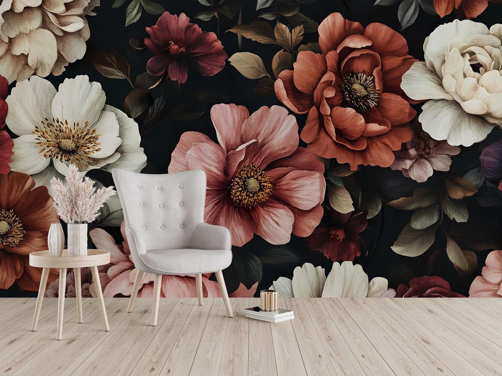 Boho Moody Floral Wallpaper Mural – Vintage Rose & Peony Wall Art in Earthy Tones – Custom Peel and Stick or Paste – Elegant Dark Botanical