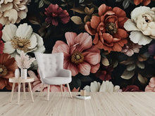 Load image into Gallery viewer, Boho Moody Floral Wallpaper Mural – Vintage Rose &amp; Peony Wall Art in Earthy Tones – Custom Peel and Stick or Paste – Elegant Dark Botanical