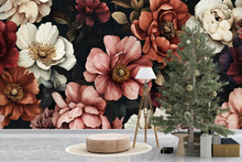 Load image into Gallery viewer, Boho Moody Floral Wallpaper Mural – Vintage Rose &amp; Peony Wall Art in Earthy Tones – Custom Peel and Stick or Paste – Elegant Dark Botanical