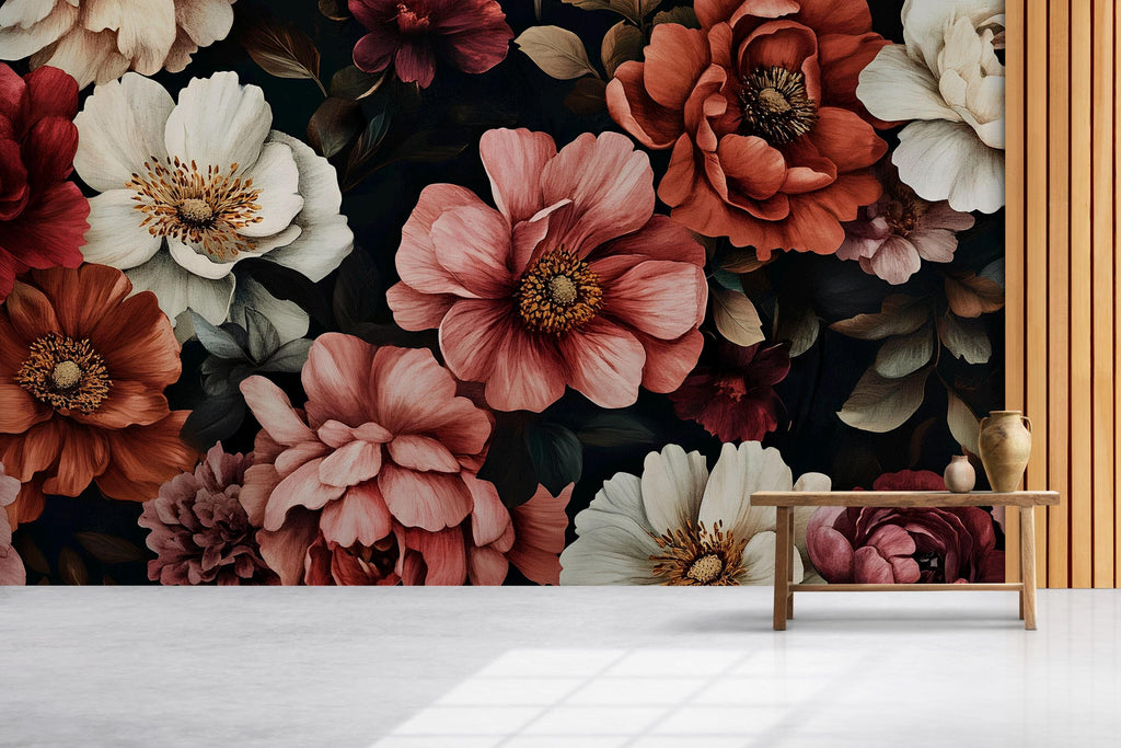 Boho Moody Floral Wallpaper Mural – Vintage Rose & Peony Wall Art in Earthy Tones – Custom Peel and Stick or Paste – Elegant Dark Botanical